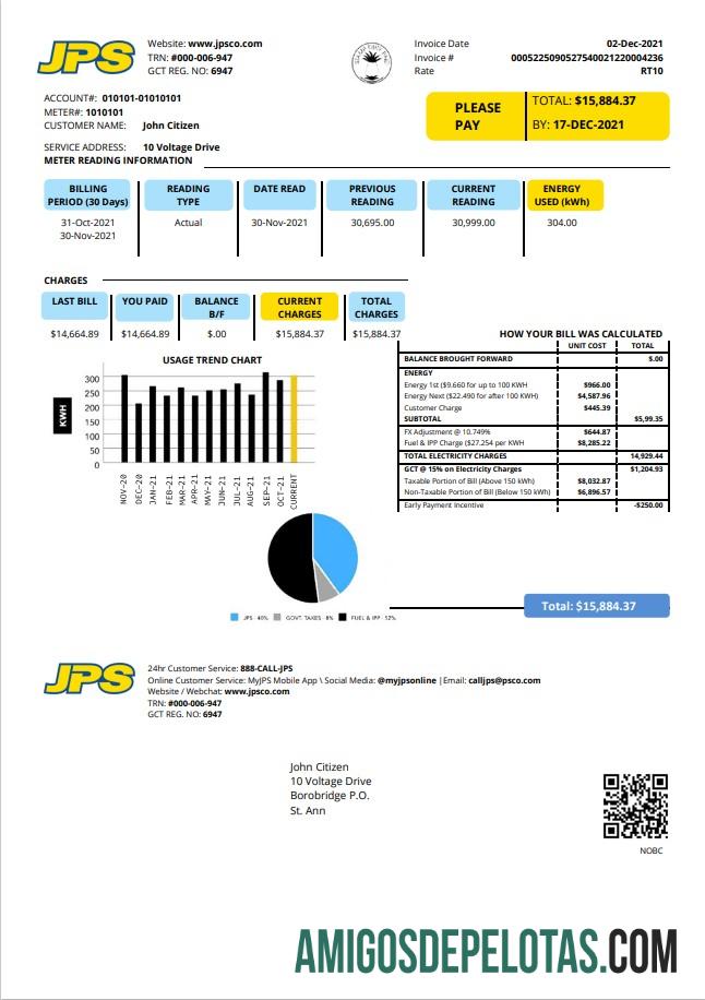 imprimível Modelo de conta de serviços públicos de eletricidade da Jamaica Public Service Company Limited (JPS) em formato Word e PDF
